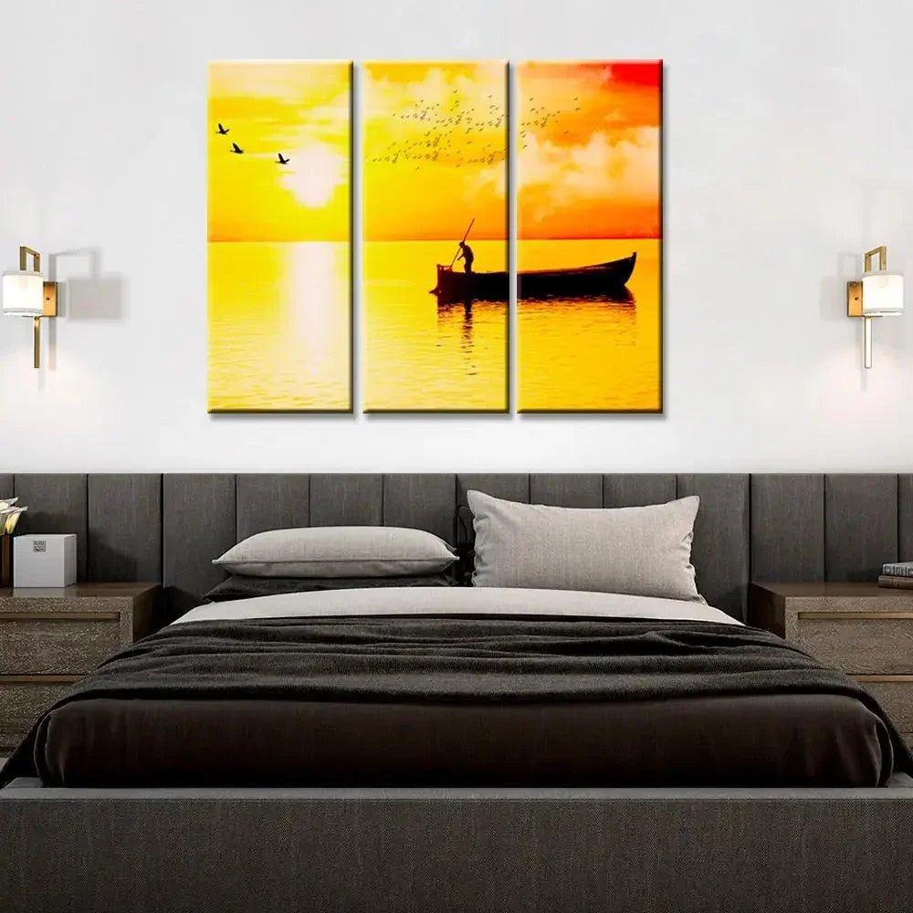 Beautiful Sunset Boat Rowing 3 Pieces Wall Painting with Wooden Framed - All India Decor