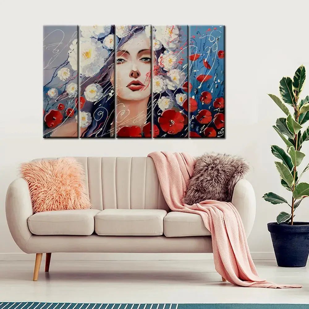 Abstract Girl Face 5 Pieces Canvas Print Wall Painting - All India Decor
