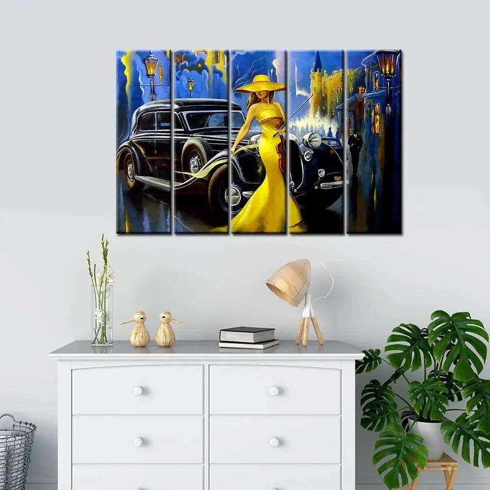 Mad Masters Car and Girl, Old City 5 Pieces Canvas Print Wall Painting - All India Decor