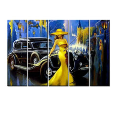 Mad Masters Car and Girl, Old City 5 Pieces Canvas Print Wall Painting - All India Decor