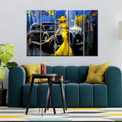 Mad Masters Car and Girl, Old City 5 Pieces Canvas Print Wall Painting - All India Decor