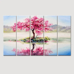 Beautiful Pink Cherry Blossom Tree 5 Pieces Multicolour Wall Painting Framed on Wood - All India Decor