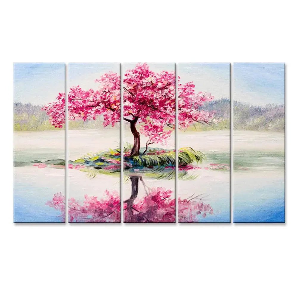 Beautiful Pink Cherry Blossom Tree 5 Pieces Multicolour Wall Painting Framed on Wood - All India Decor