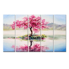 Beautiful Pink Cherry Blossom Tree 5 Pieces Multicolour Wall Painting Framed on Wood - All India Decor