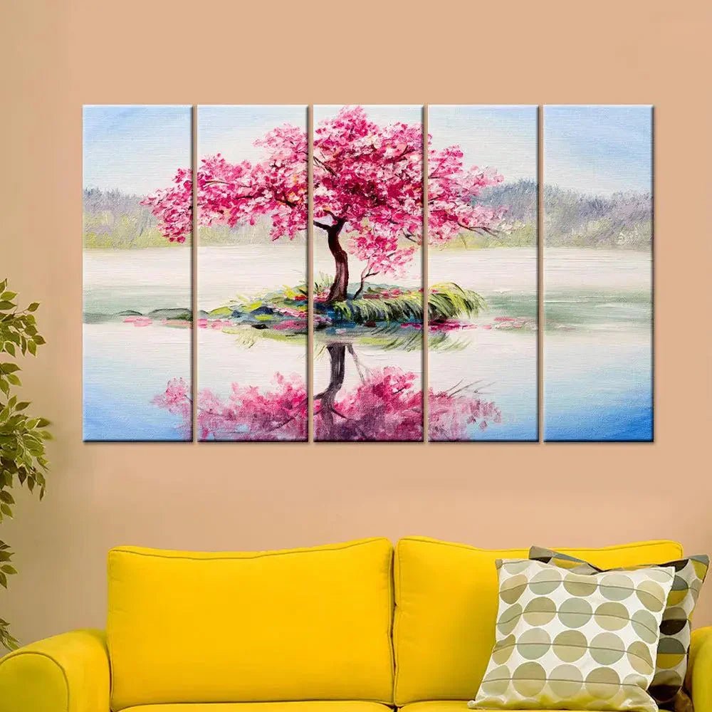 Beautiful Pink Cherry Blossom Tree 5 Pieces Multicolour Wall Painting Framed on Wood - All India Decor