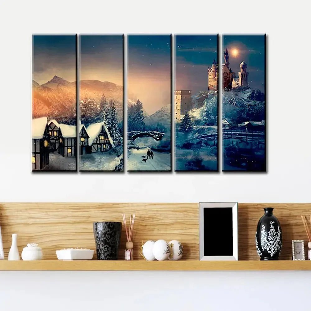 Christmas Night Wall Painting Wooden Framed 5 Pieces Canvas Painting - All India Decor