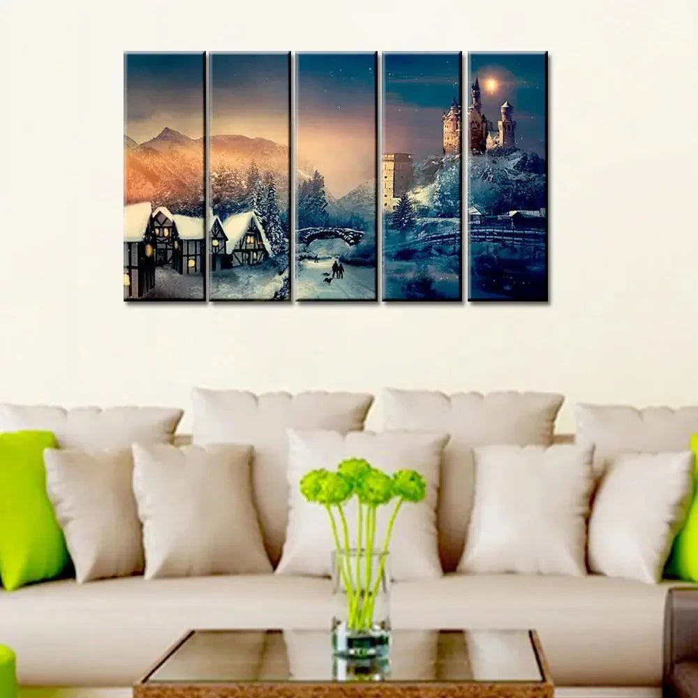 Christmas Night Wall Painting Wooden Framed 5 Pieces Canvas Painting - All India Decor