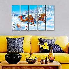 Santa Claus With Sleigh Wooden Framed 5 Pieces Canvas Painting - All India Decor