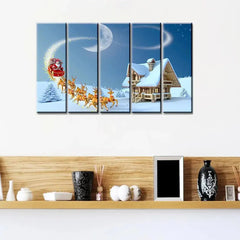 Santa With Sleigh Wooden Framed 5 Pieces Canvas Painting - All India Decor
