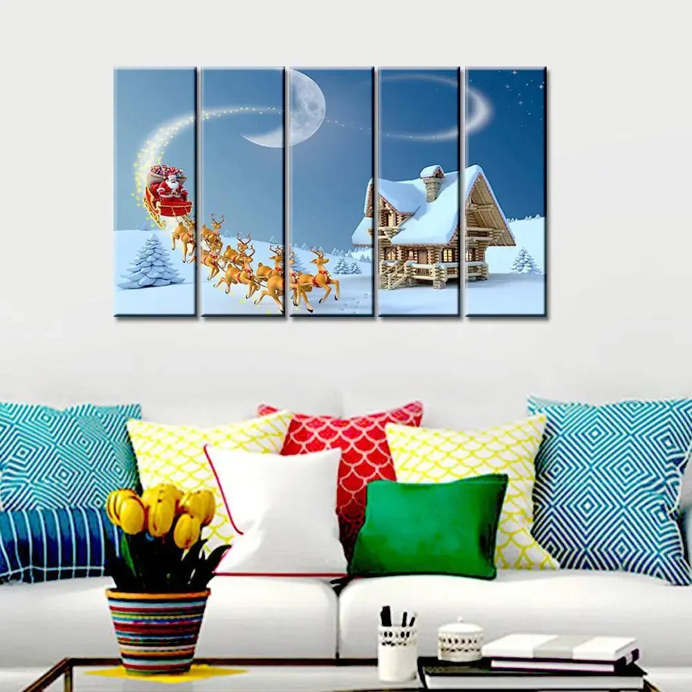 Santa With Sleigh Wooden Framed 5 Pieces Canvas Painting - All India Decor