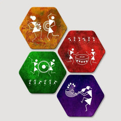 Set of 4 Beautiful Warli Art Hexagon Shape Canvas Wall Painting - All India Decor