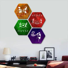 Set of 4 Beautiful Warli Art Hexagon Shape Canvas Wall Painting - All India Decor