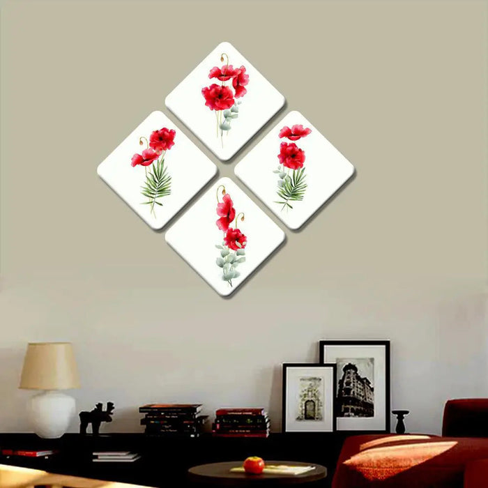 Set of 4 Beautiful Red Color Flowers Squire Shape Canvas Wall Painting