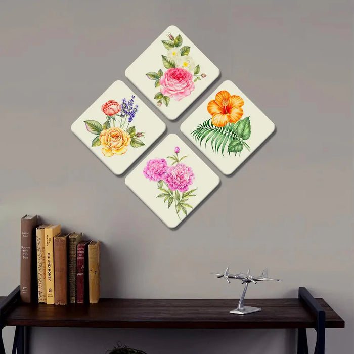 Set of 4 Beautiful Design Multi Color Flowers Squire Shape Canvas Wall Painting