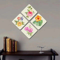 Set of 4 Beautiful Design Multi Color Flowers Squire Shape Canvas Wall Painting - All India Decor