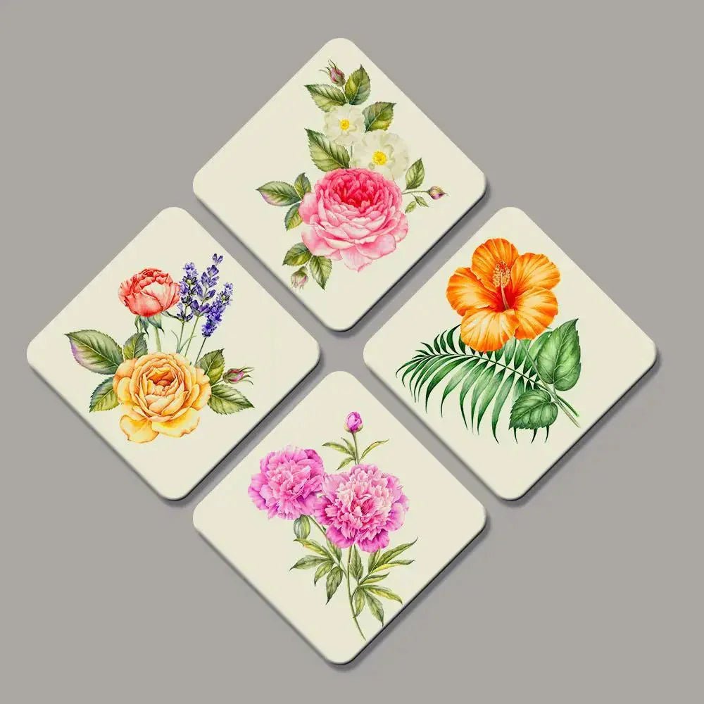 Set of 4 Beautiful Design Multi Color Flowers Squire Shape Canvas Wall Painting - All India Decor