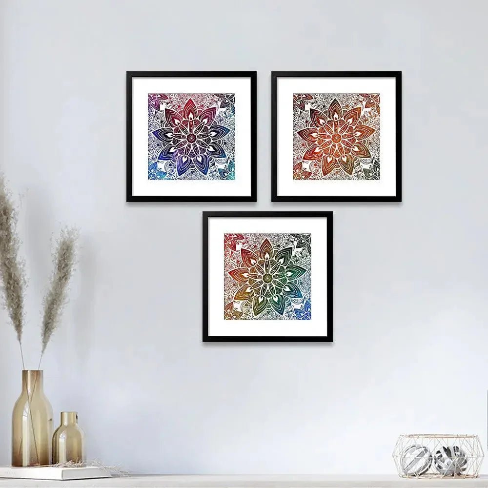 Mandala Painting with Black Color Frame Set of 3 / Break Resistant Clear Acrylic Glass - All India Decor