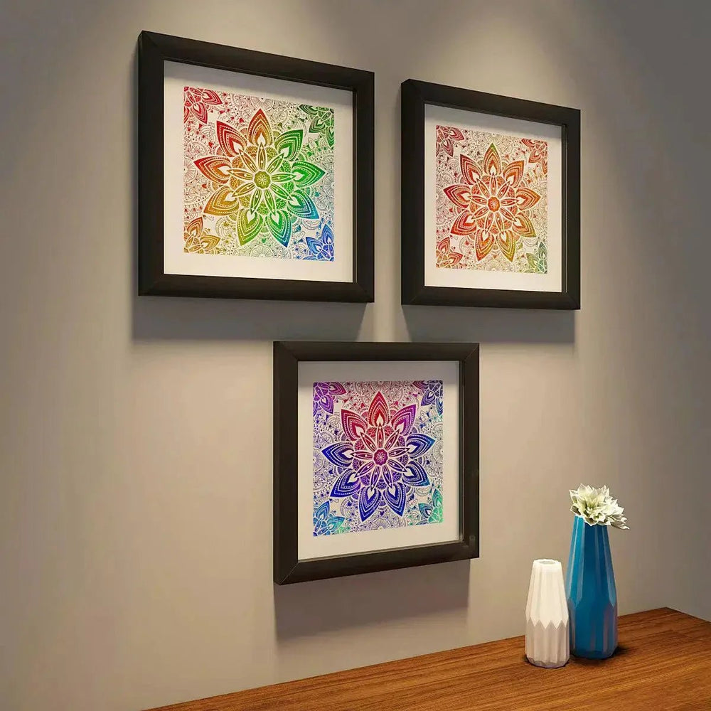 Mandala Painting with Black Color Frame Set of 3 / Break Resistant Clear Acrylic Glass - All India Decor