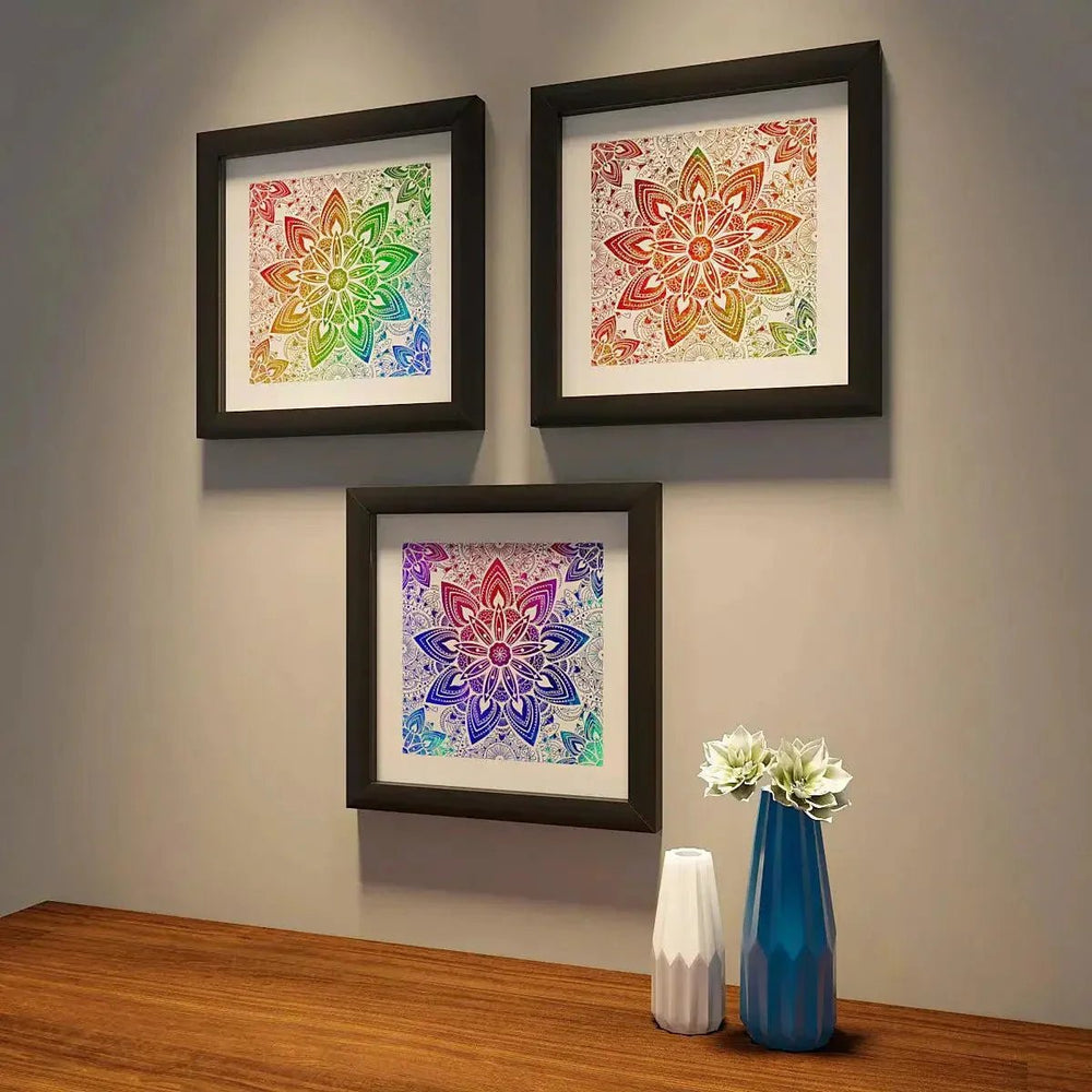 Mandala Painting with Black Color Frame Set of 3 / Break Resistant Clear Acrylic Glass - All India Decor