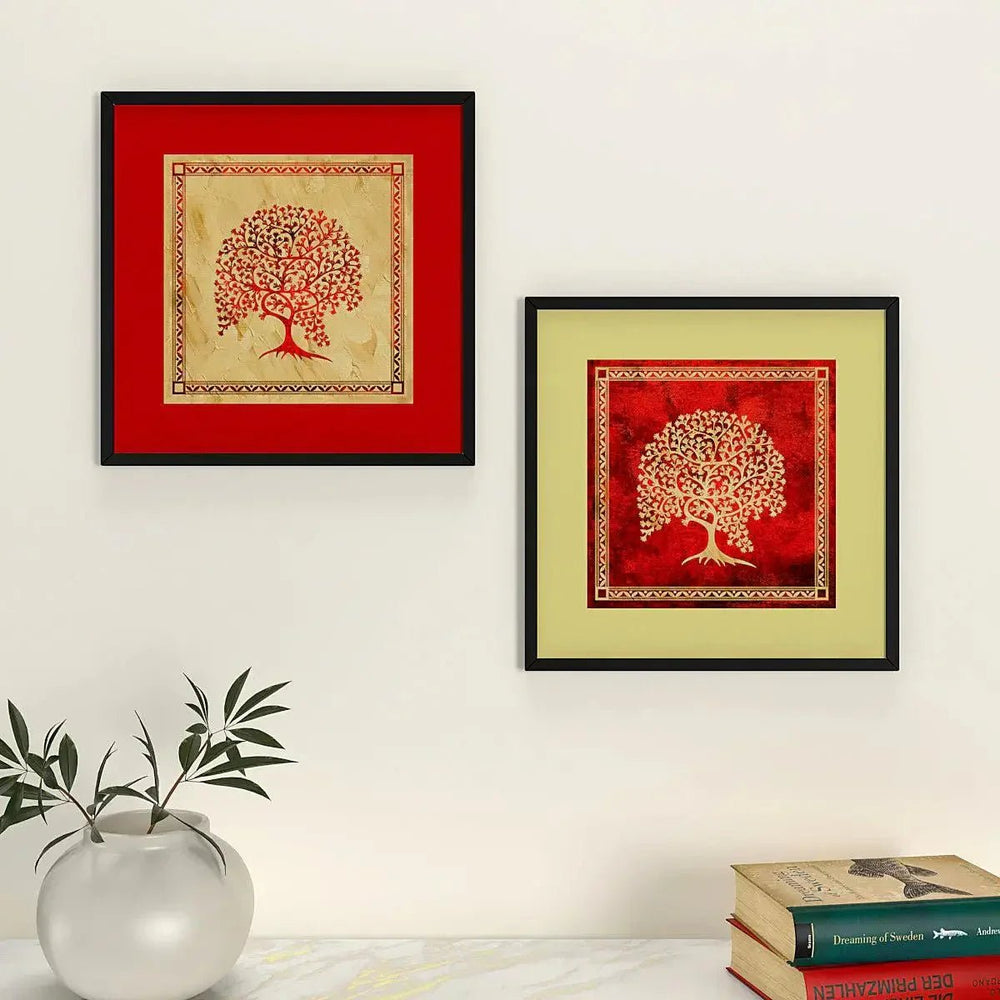 Madhubani Painting with Frame - Set of 2 - Trees Art / Dark Brown Wood Texture Frame - All India Decor