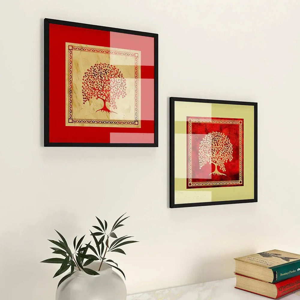 Madhubani Painting with Frame - Set of 2 - Trees Art / Dark Brown Wood Texture Frame - All India Decor