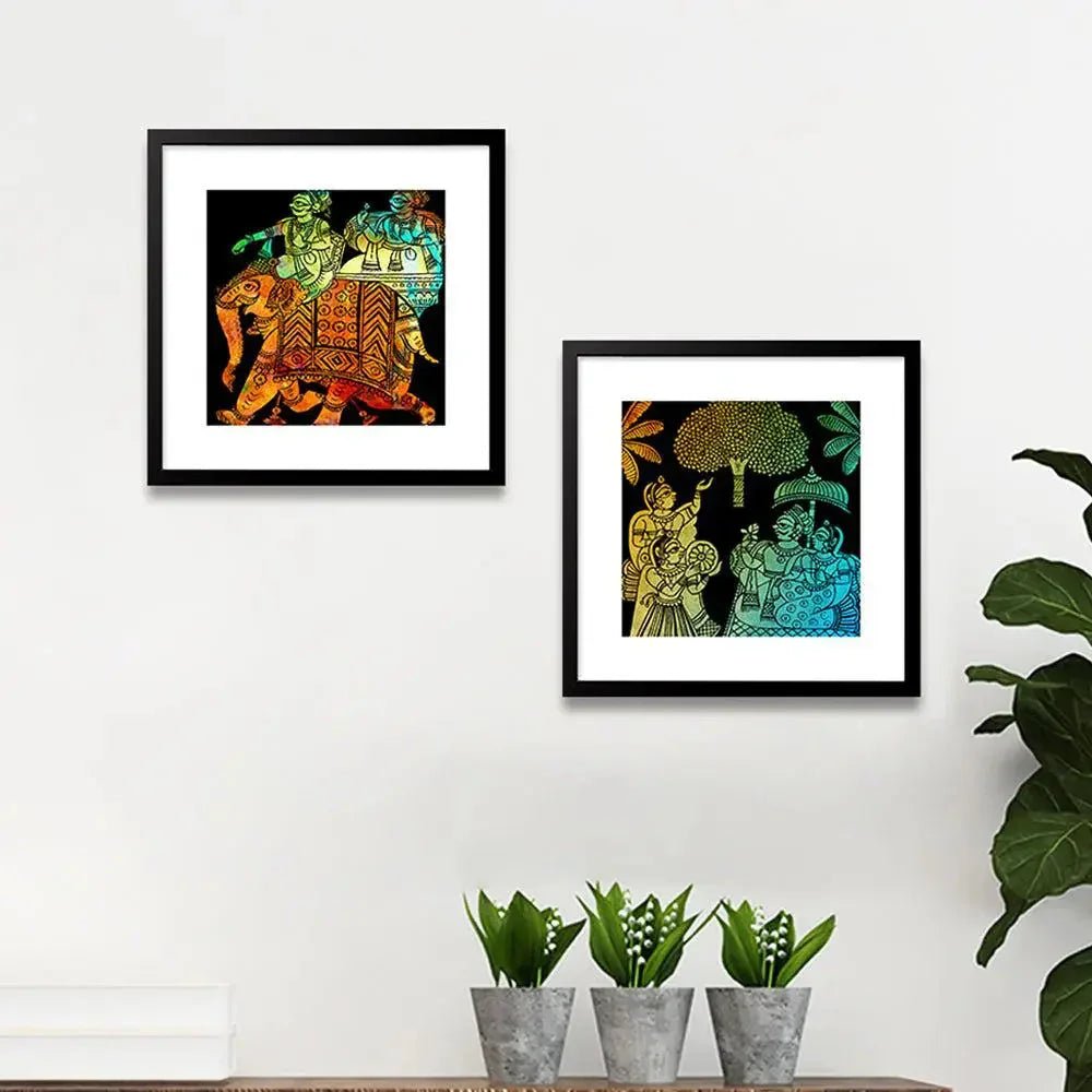 Traditional Madhubani Art Collage Picture Wall Frame Set of 2 - All India Decor