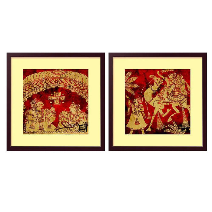 Madhubani Indian folk Art  Collage Picture Wall Frame Set of 2