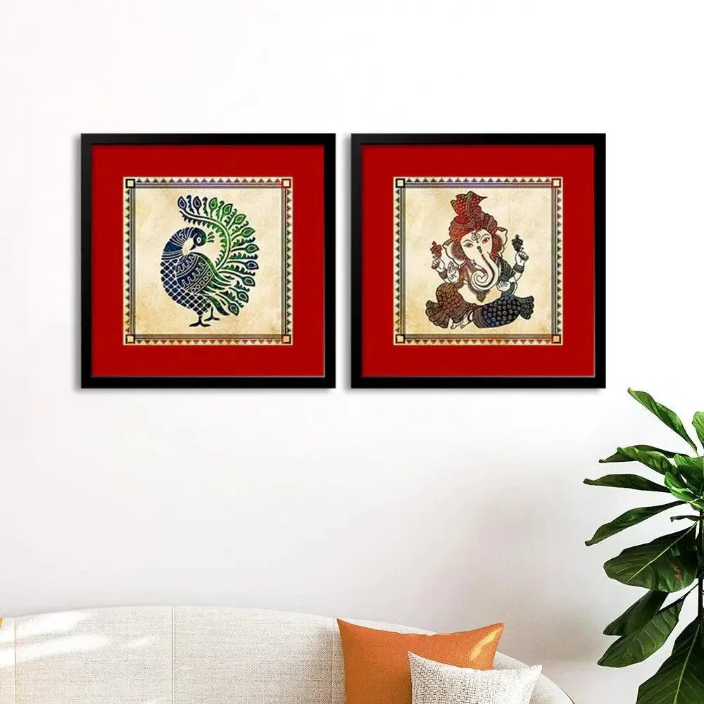 Madhubani Spritual Art Collage Picture Wall Frame Set of 2 - All India Decor