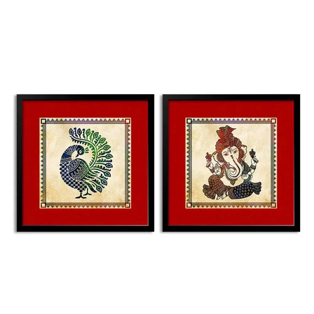 Madhubani Spritual Art Collage Picture Wall Frame Set of 2 - All India Decor