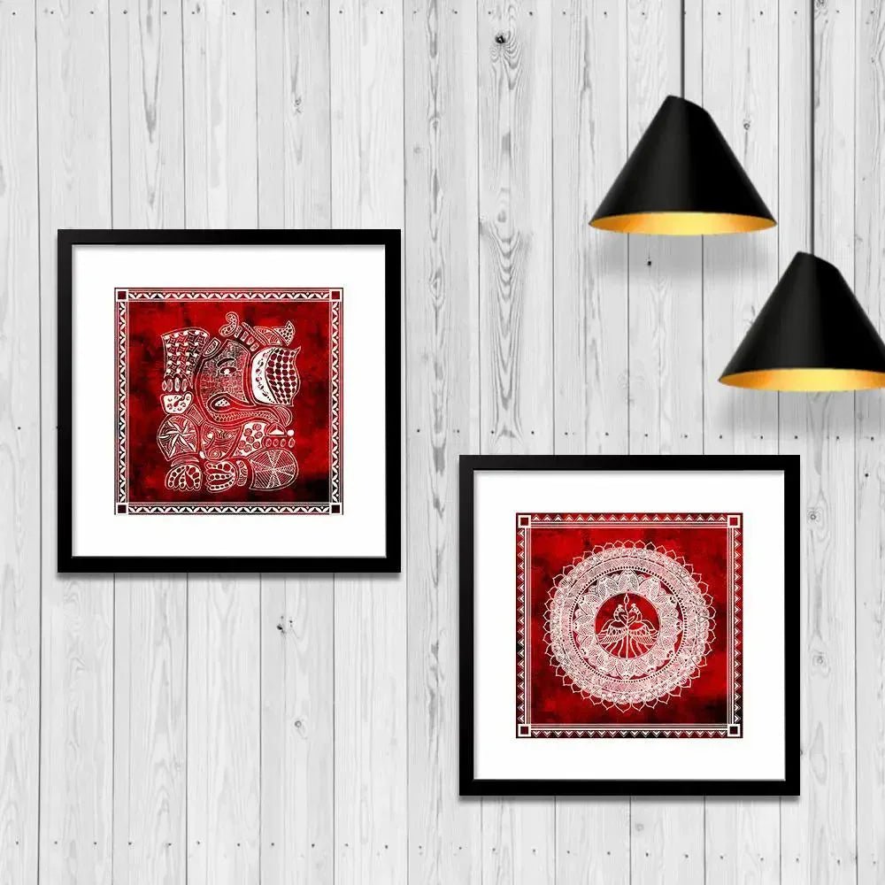 Madhubani Indian Art Collage Picture Wall Frame Set of 2 - All India Decor