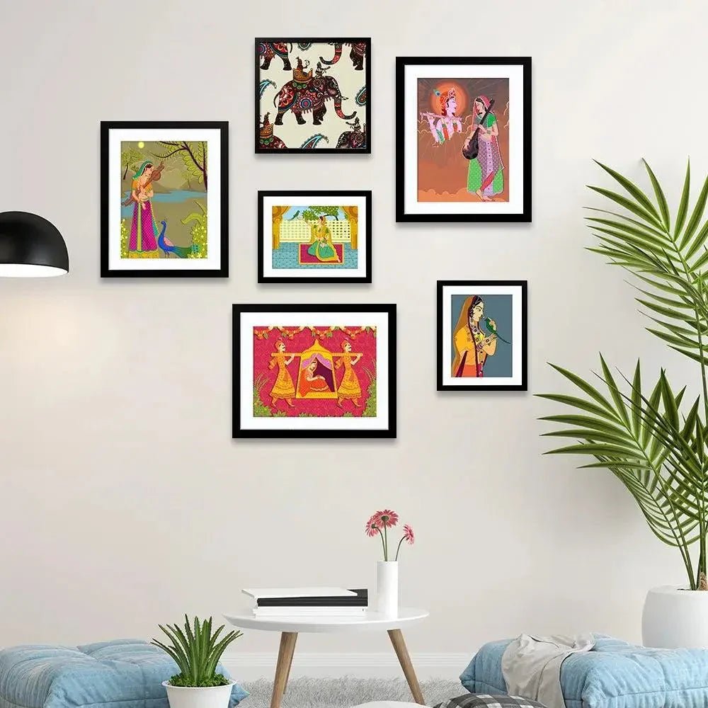 Madhubani Art Collage Picture Wall Frame Set of 6 - All India Decor