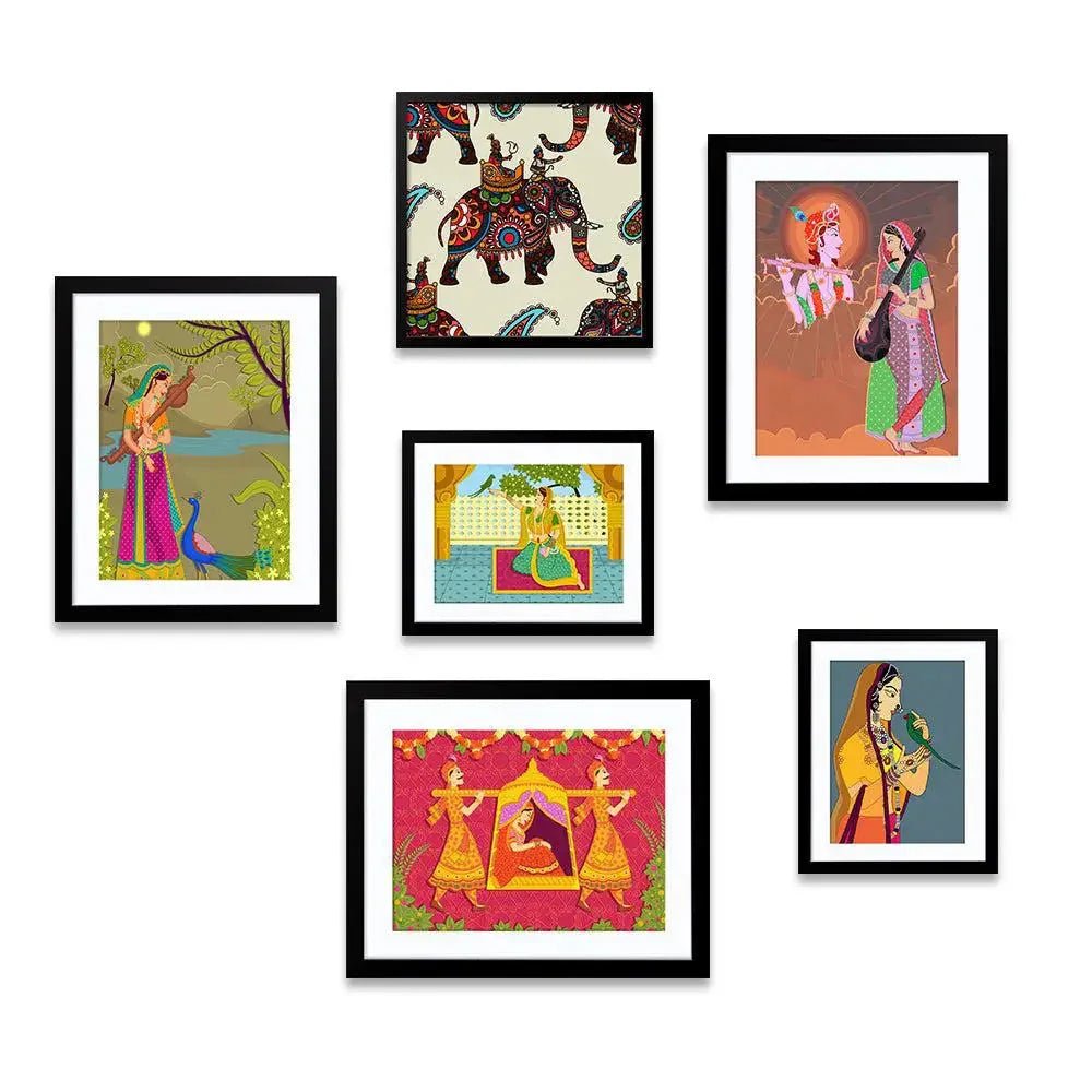 Madhubani Art Collage Picture Wall Frame Set of 6 - All India Decor