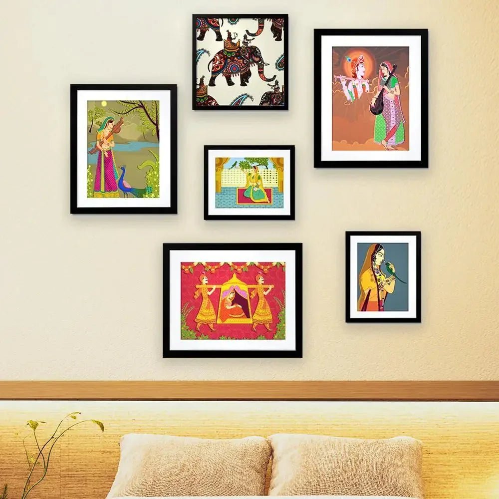 Madhubani Art Collage Picture Wall Frame Set of 6 - All India Decor