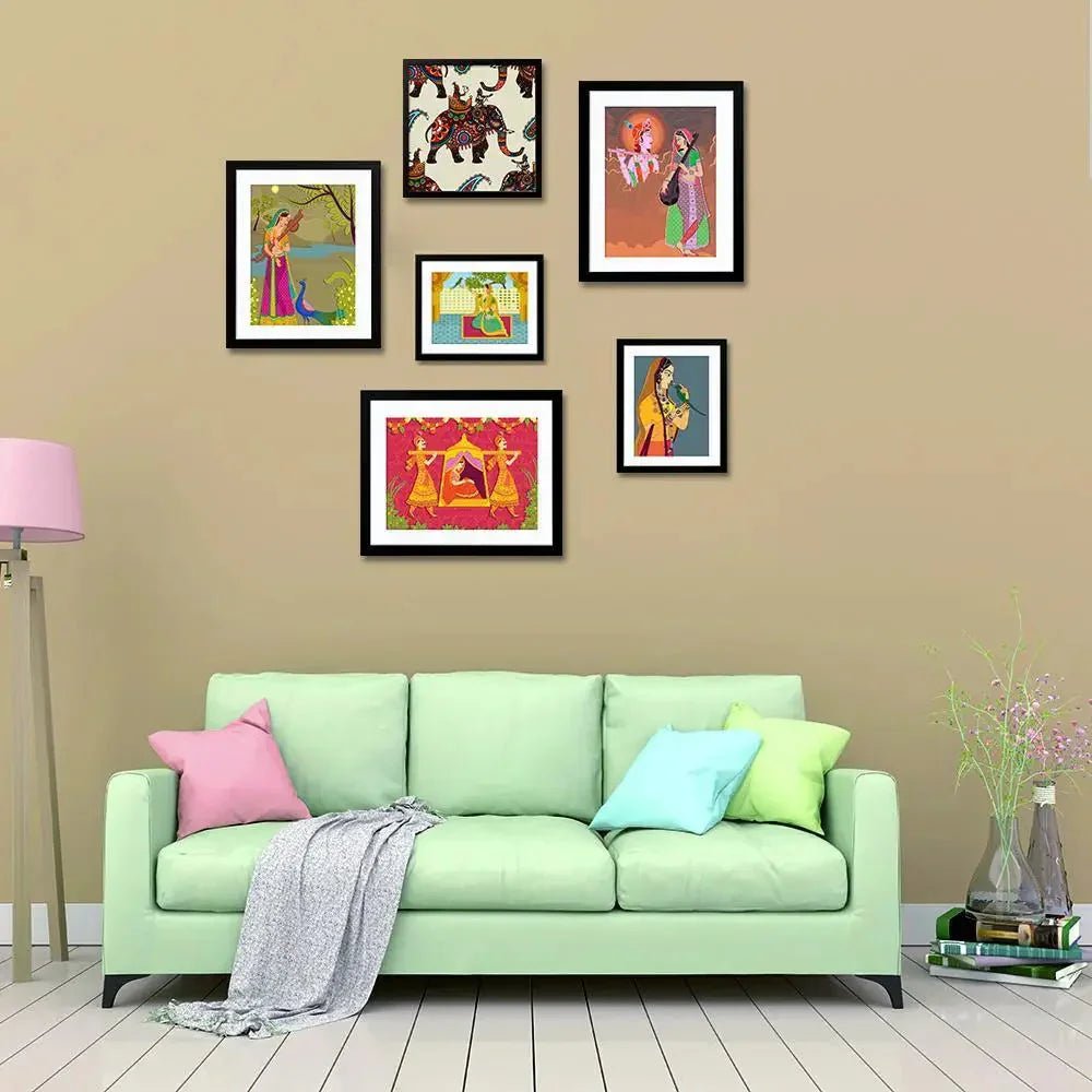 Madhubani Art Collage Picture Wall Frame Set of 6 - All India Decor