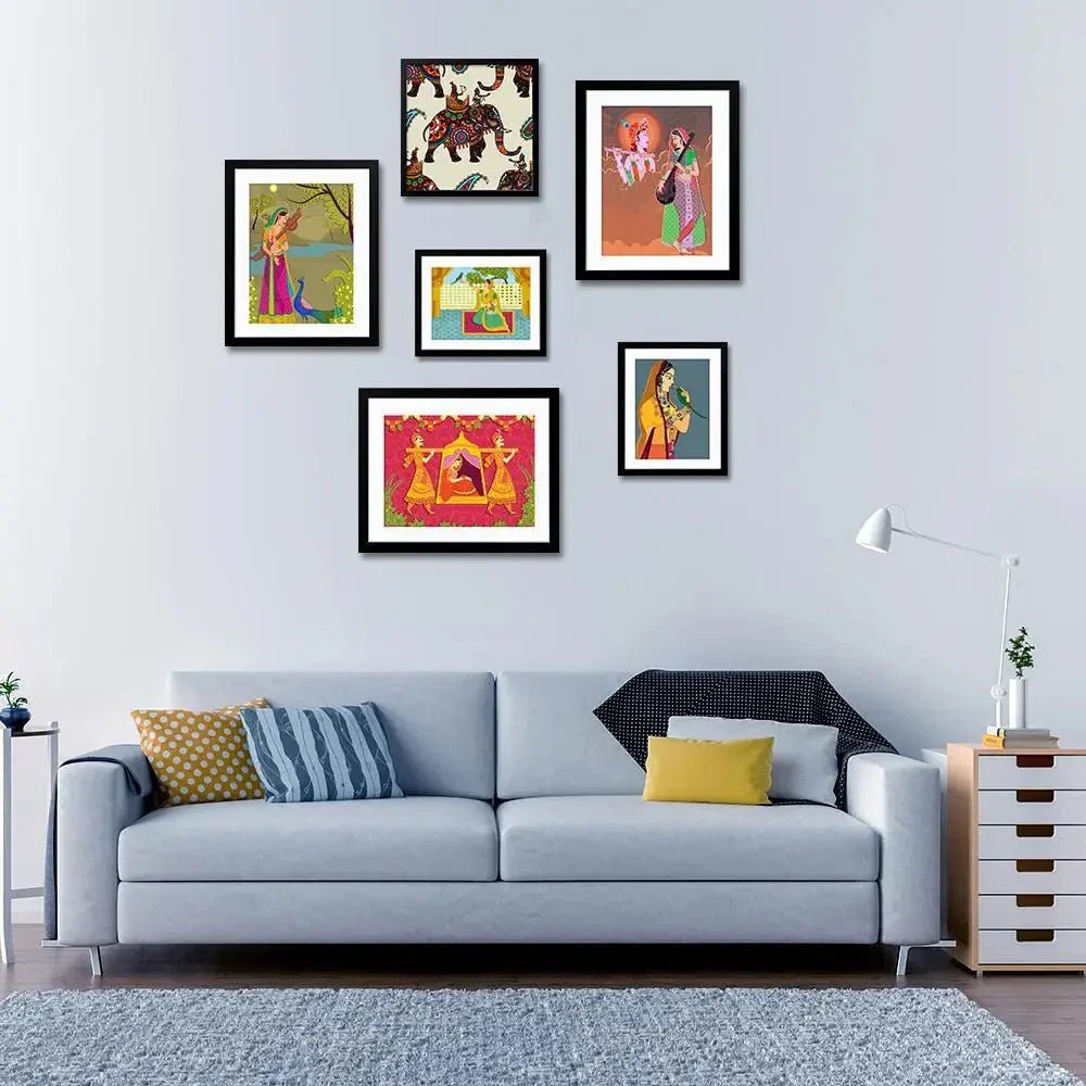 Madhubani Art Collage Picture Wall Frame Set of 6 - All India Decor