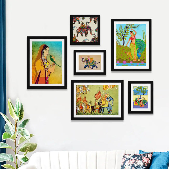 Madhubani Folk Art Collage Picture Wall Frame Set of 6