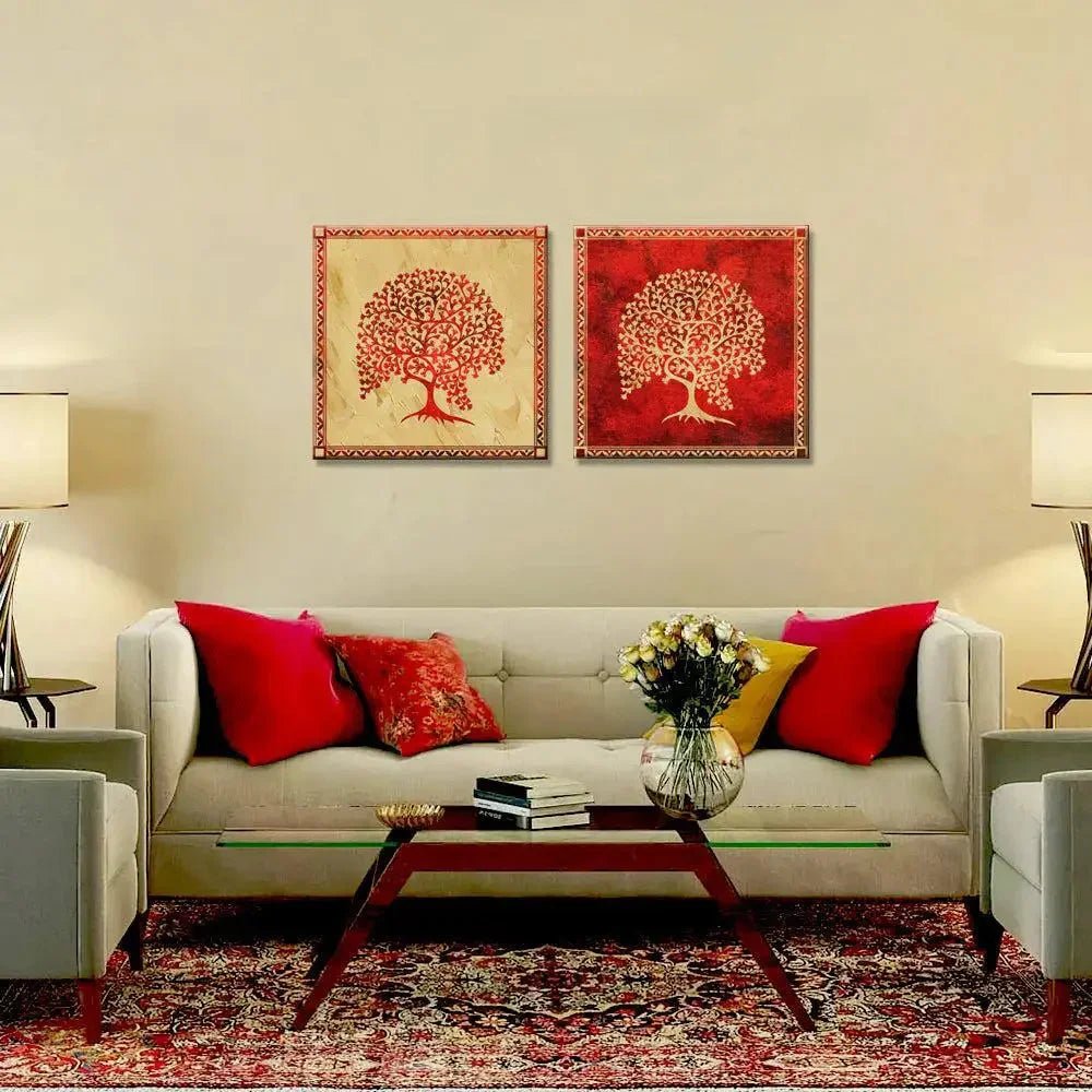 Beautiful Tree Warli Wall Paintings & Wall Hanging With 2 Panels Set - All India Decor