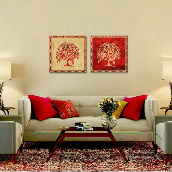 Beautiful Tree Warli Wall Paintings & Wall Hanging With 2 Panels Set