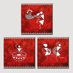 Warli Folk Art Painting Wall Hanging, Set of 3 Pieces - All India Decor