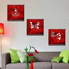 Warli Folk Art Painting Wall Hanging, Set of 3 Pieces - All India Decor