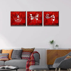 Warli Folk Art Painting Wall Hanging, Set of 3 Pieces - All India Decor