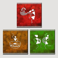 Warli Folk Traditional Art Painting Wall Hanging, Set of 3 Pieces - All India Decor