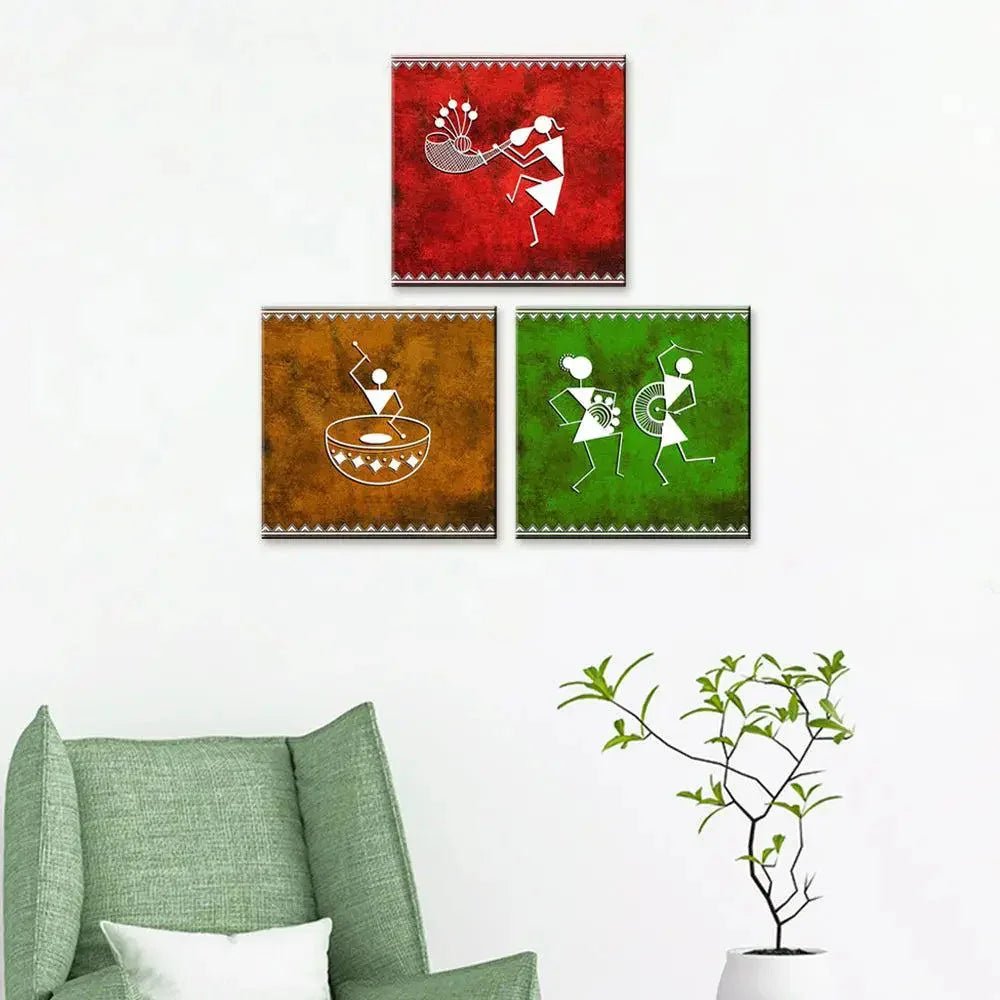 Warli Folk Traditional Art Painting Wall Hanging, Set of 3 Pieces - All India Decor