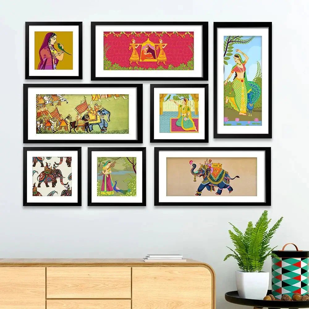 Madhubani Art Collage Picture Wall Frame Set of 8 - All India Decor