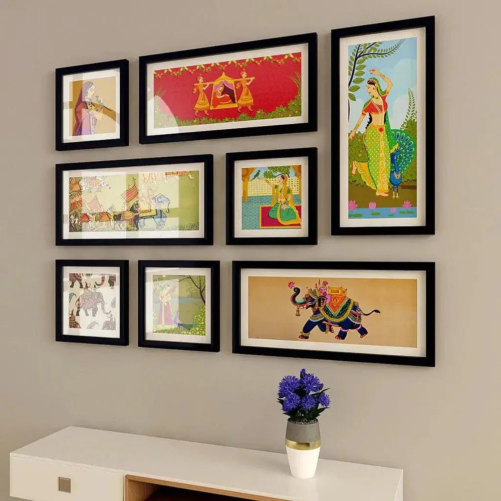 Madhubani Art Collage Picture Wall Frame Set of 8 - All India Decor