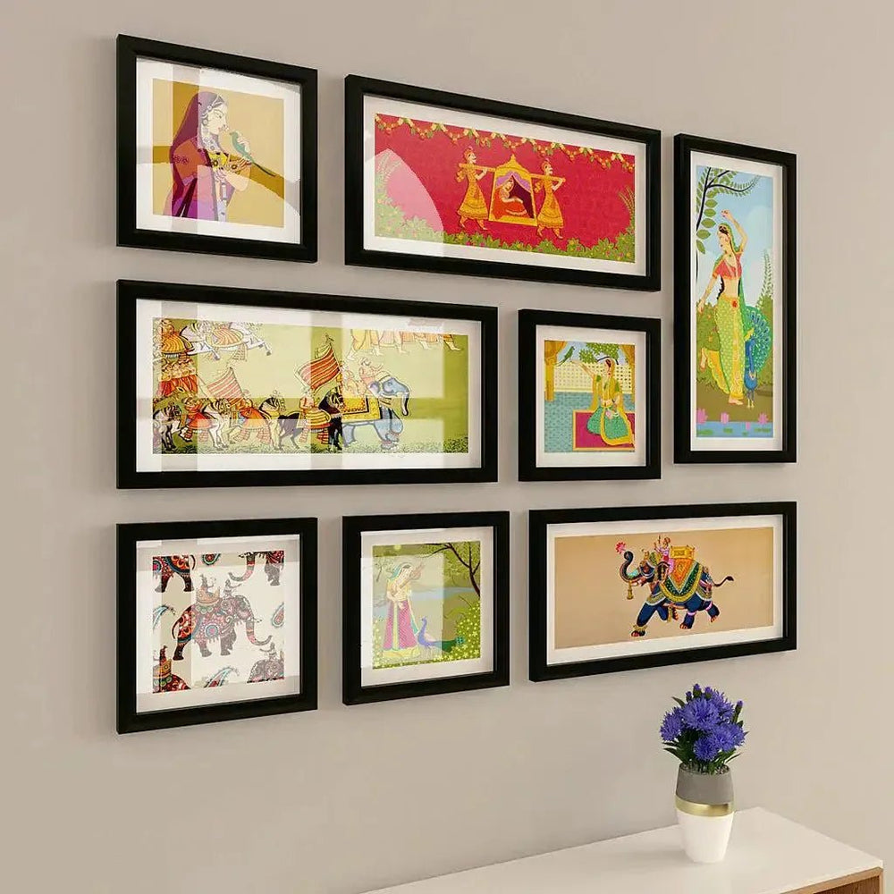 Madhubani Art Collage Picture Wall Frame Set of 8 - All India Decor