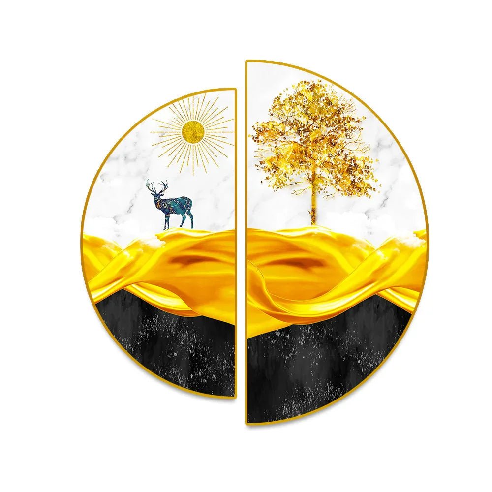 Golden Trees, Mountains, Semi Circle Canvas Wall Art & Paintings - All India Decor
