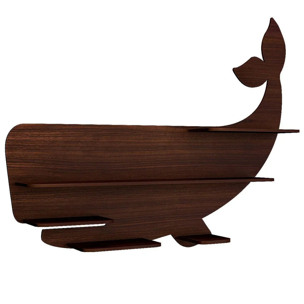 Whale Backlit Wood Wall Shelf / Book Shelf / Night Light, Walnut Finish - All India Decor