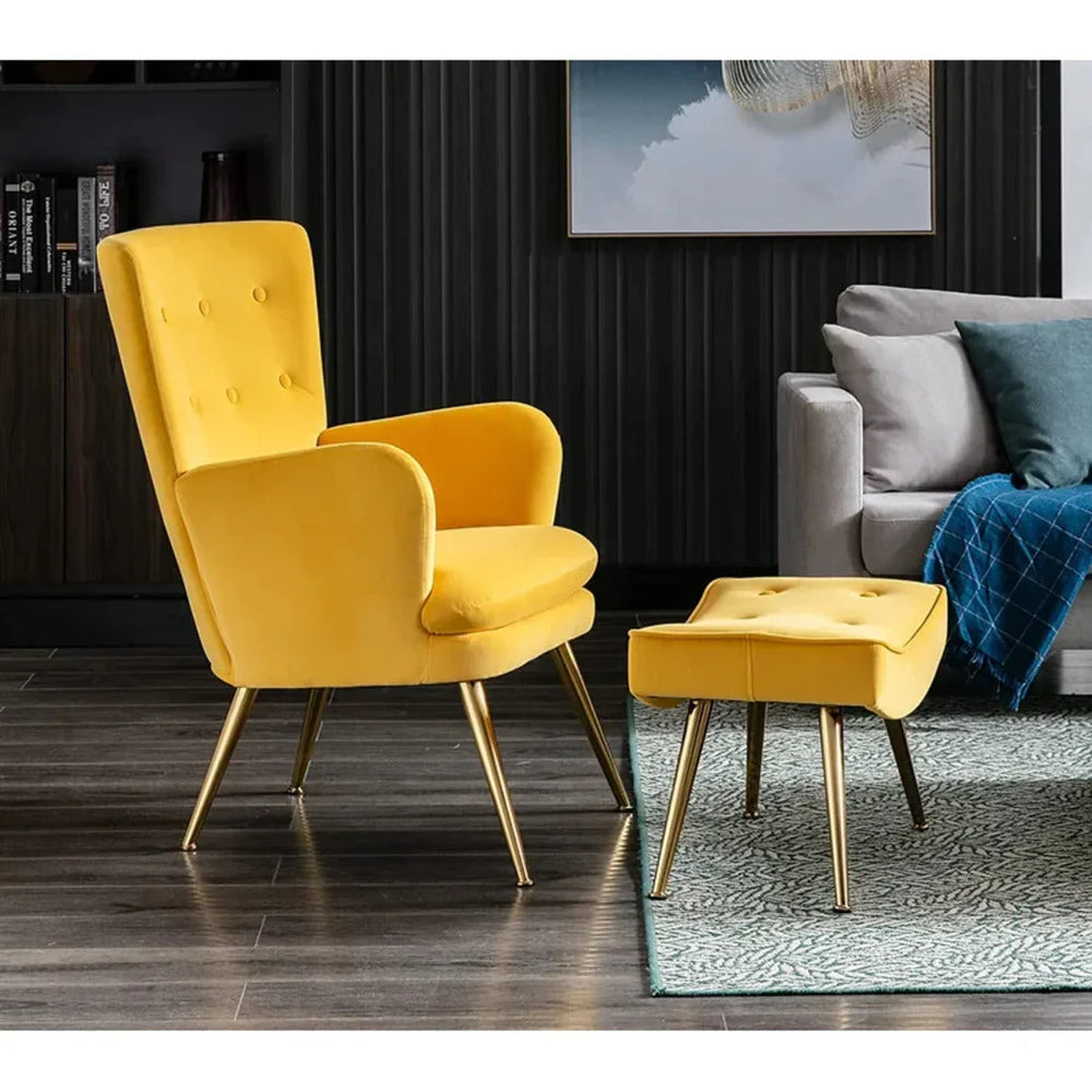 Tufted Long Back Yellow Lounge Chair With Ottoman - All India Decor