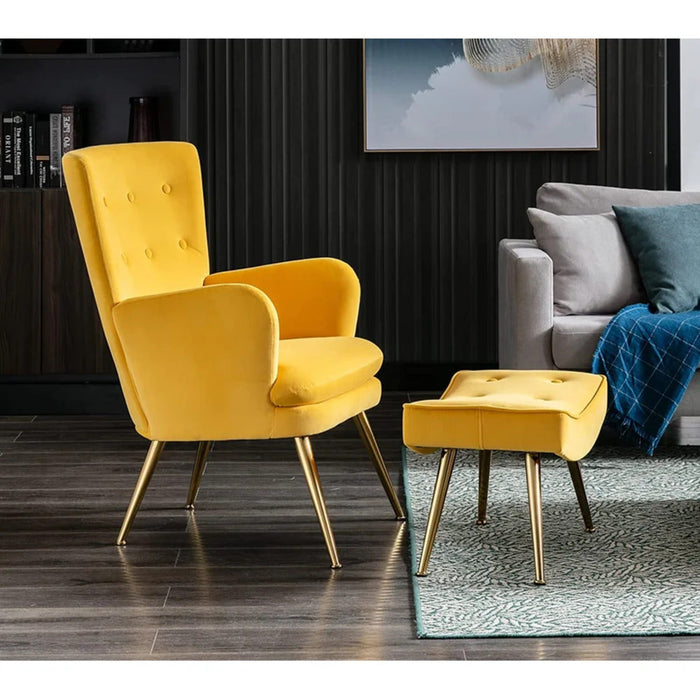 Tufted Long Back Yellow Lounge Chair With Ottoman